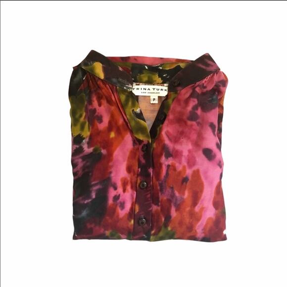 TRINA TURK Pink Green Silk Wool VNeck Floral Abstract Print 3/4 Blouse Top XS - Picture 6 of 8